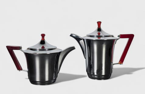 Art Deco SMF Coffee Pot & Tea Pot: Art Deco SMF Coffee Pot & Tea Pot, USA, 1930's. Manufacturer's mark to underside. Chrome plated metal, lacquered wood and Bakelite. (2) Pieces total. 9 3/4w x 5 1/2d x 8 1/2h