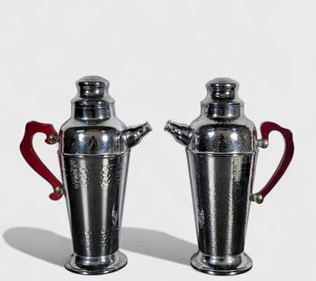 Art Deco Cocktail Shakers: Art Deco Cocktail Shakers, (2) total, USA, 1930's. Chrome plated stainless and Bakelite. 9w x 4 1/4d x 12 3/4
