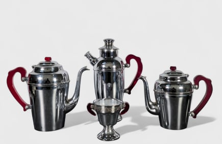 Art Deco Chromium Coffee Pot, Tea Pot, Cocktail Shaker & Waster Bowl