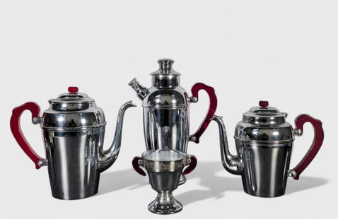 Art Deco Chromium Coffee Pot, Tea Pot, Cocktail Shaker & Waster Bowl: Art Deco Chromium Coffee Pot, Tea Pot, Cocktail Shaker & Waster Bowl, (4) pieces total, USA, 1930's. Manufacturer's marks to underside, of (3) larger pieces. Chrome plated metal and Bakelite. 8 1/4w x
