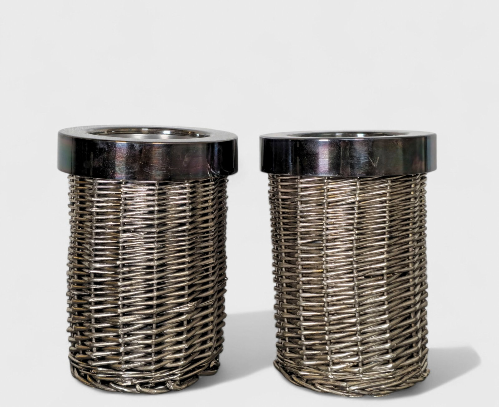 Lino Sabatini Style Wine Coolers: Lino Sabatini Style Wine Coolers, pair, Italy, 1970. Woven silver leaf over wicker and silver plated metal. 5 7/8dia x 8 1/8h