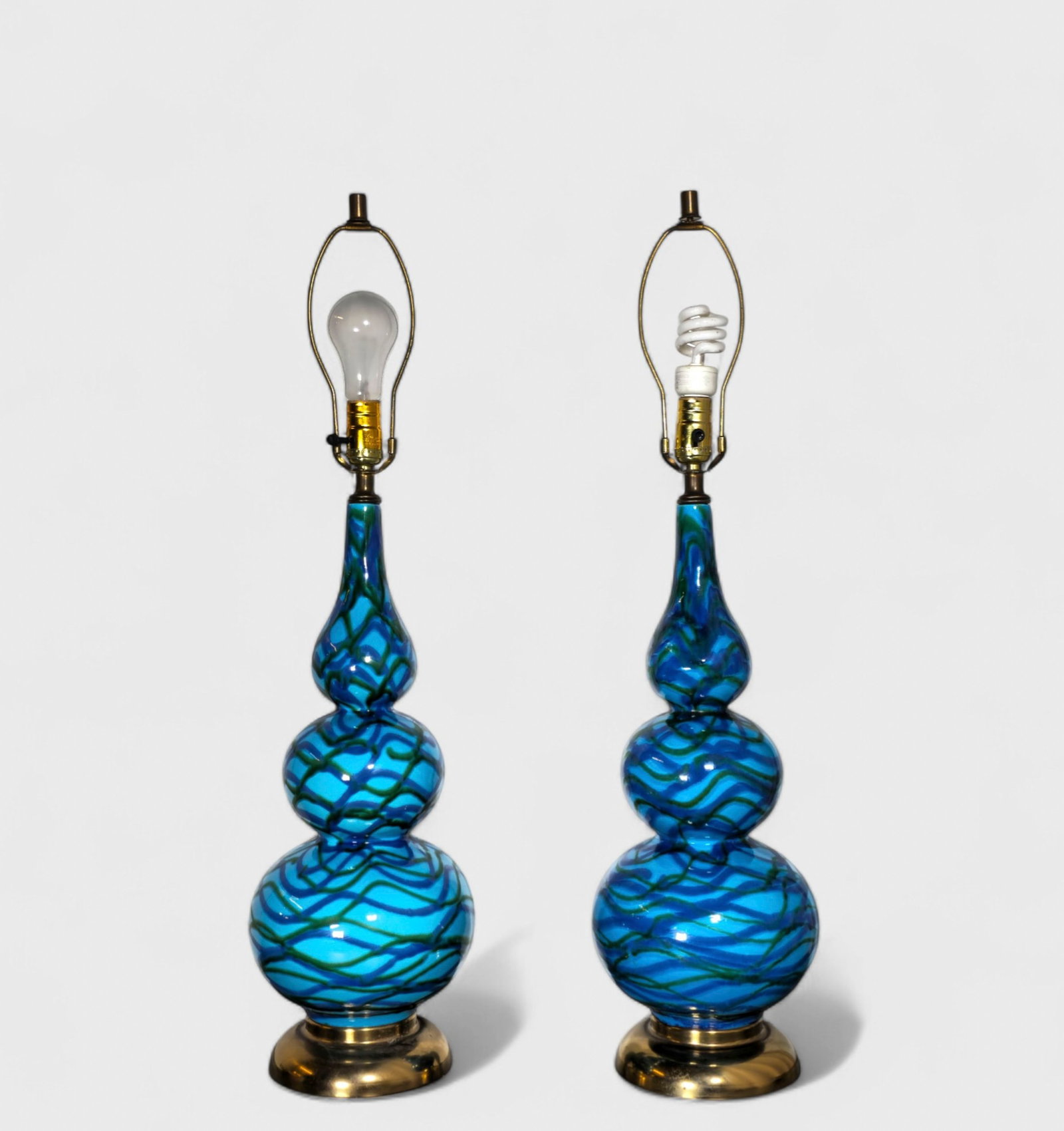 MCM Glazed Pottery Table Lamps: MCM Glazed Pottery Table Lamps, USA, 1960. Original shades. Glazed pottery, brass plated metal. Lamps- 8 dia x 32 1/2h