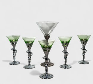 Patrick Meyer & Art Deco Lady Green Glass Martini Glasses