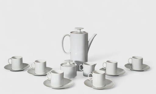 Thomas German MCM White Porcelain Tea Set: Thomas German MCM White Porcelain Tea Set, 1960, (15) piece set. Tea pot, creamer, sugar, (6) cups and (6) saucers. Manufacturer's mark to underside. Tea pot- 7w x 3 1/2d x 8 1/2h