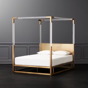 Modern Hollywood Regency Style Brass & Lucite Canopy Queen Bed