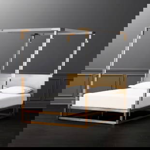 Modern Hollywood Regency Style Brass & Lucite Canopy Queen Bed: Modern Hollywood Regency Style Brass & Lucite Canopy Queen Bed. Lucite and brass. Queen size. 63w x 84d x 80h.