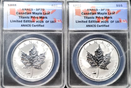 1998 Canadian Maple Leaf Titanic Privy Mark 1 oz. Silver First Release SP 70 ANACS