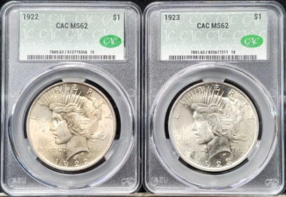 1922 & 1923 Peace Silver Dollars MS 62 CAC