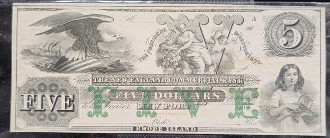 1860's $5 New England Commercial Bank Note Newport Rhode Island