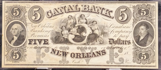 1840's $5 Canal Bank Note New Orleans Louisiana