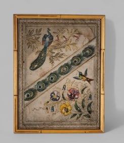 19th Century Leather Peacock & Humming Bird Panel
