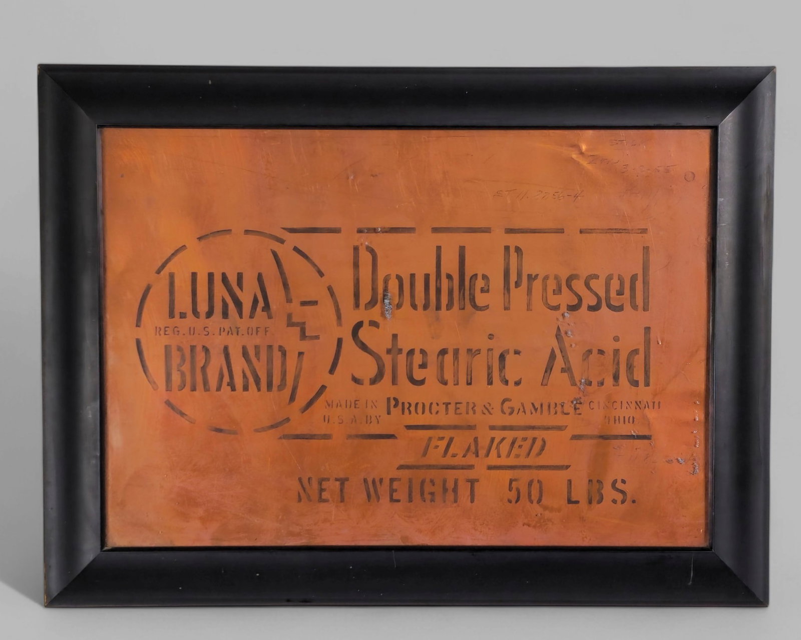Luna Brand Double Pressed Stearic Acid Advertising Plate: Luna Brand Double Pressed Stearic Acid Advertising Plate. Proctor & Gamble, Cincinnati, Ohio. Professionally framed. 11 3/4 x 17 Frame- 15 1/4 x 20 3/8