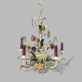 1940's Italian Floral Tole Five Branch Chandelier