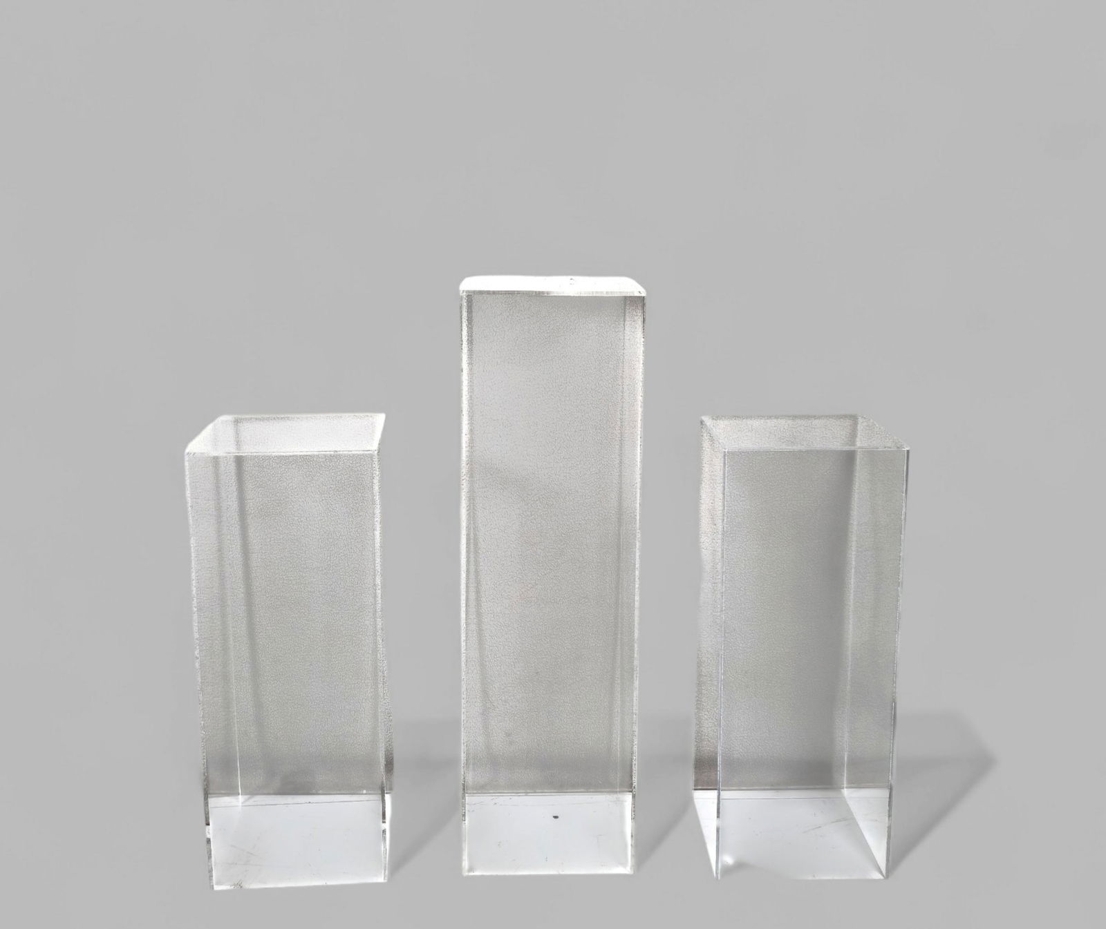 Lucite Pedestals: Lucite Pedestals, (3) total. Pair- 9w x 9d x 23h Tallest- 9w x 9d x 30 1/2h.