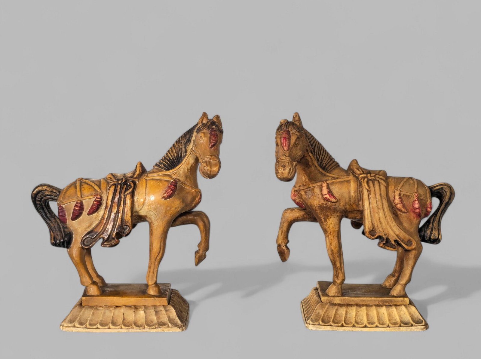 Chinese Tang Dynasty Style Horses: Chinese Tang Dynasty Style Horses, 20th century. Pair of War Horses. Horse on rectangular lotus form bases. 9 1/2w x 5d x 11 3/4h.