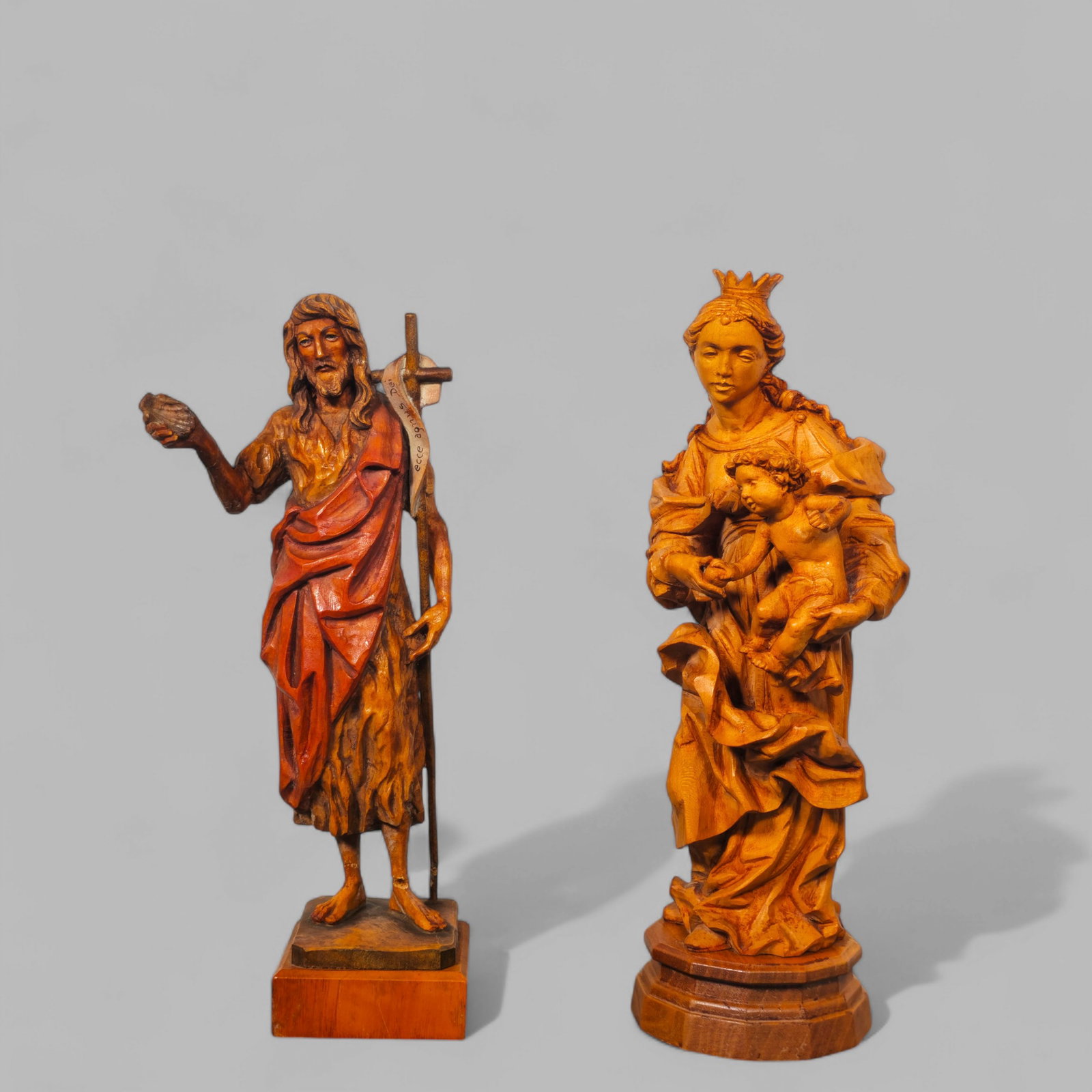 Anri Italian Wood Carved Mother Mary & Baby Jesus and Jesus: Anri Italian Wood Carved Mother Mary & Baby Jesus and Jesus. Manufacturer's mark on underside. 4 1/2w x 4d x 11h.