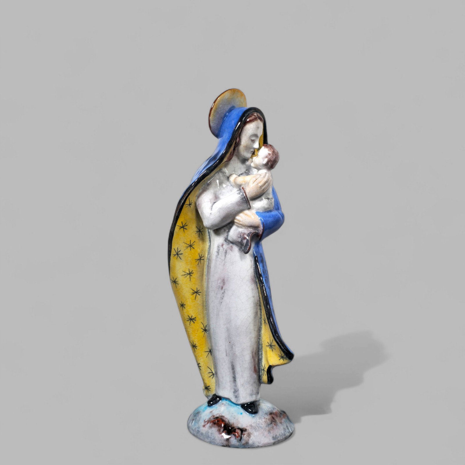 Majolica Mother Mary & Baby Jesus Porcelain Figure: Majolica Mother Mary & Baby Jesus Porcelain Figure, circa 1920s, Portugal. 6w x 2 1/2d x 14h.