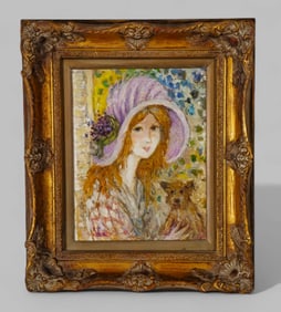 Oil of Lady Holding Her Dog Signed Ida