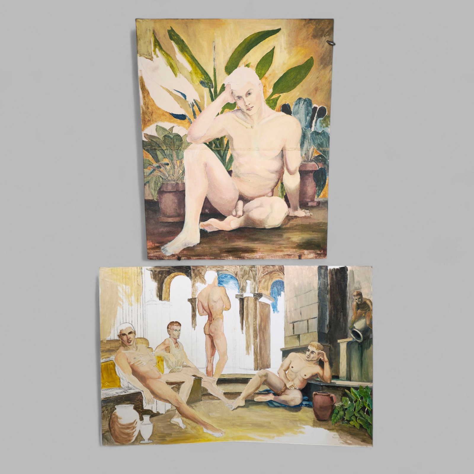 Oils of Nude Men: (2) oils total both unframed. Unfinished oils of nude men. Artist unknown. Largest- 24 x 36.