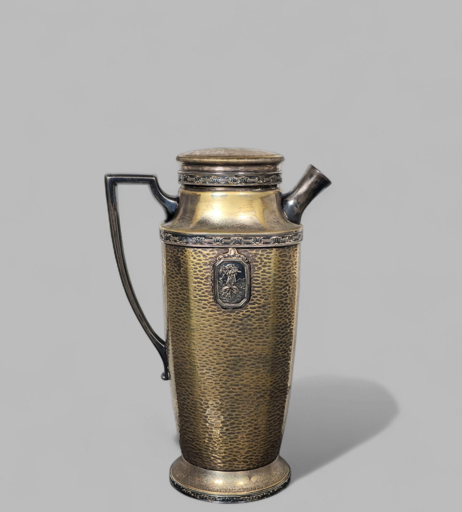 Art Deco Homan Silver Plated Nickel Cocktai Server: Art Deco Homan Silver Plated Nickel Cocktail Server, USA, 1920s. Hand hammered. "Sani-tite" pitcher. Manufacturer's mark on underside. 7w x 4 1/2d x 11h.