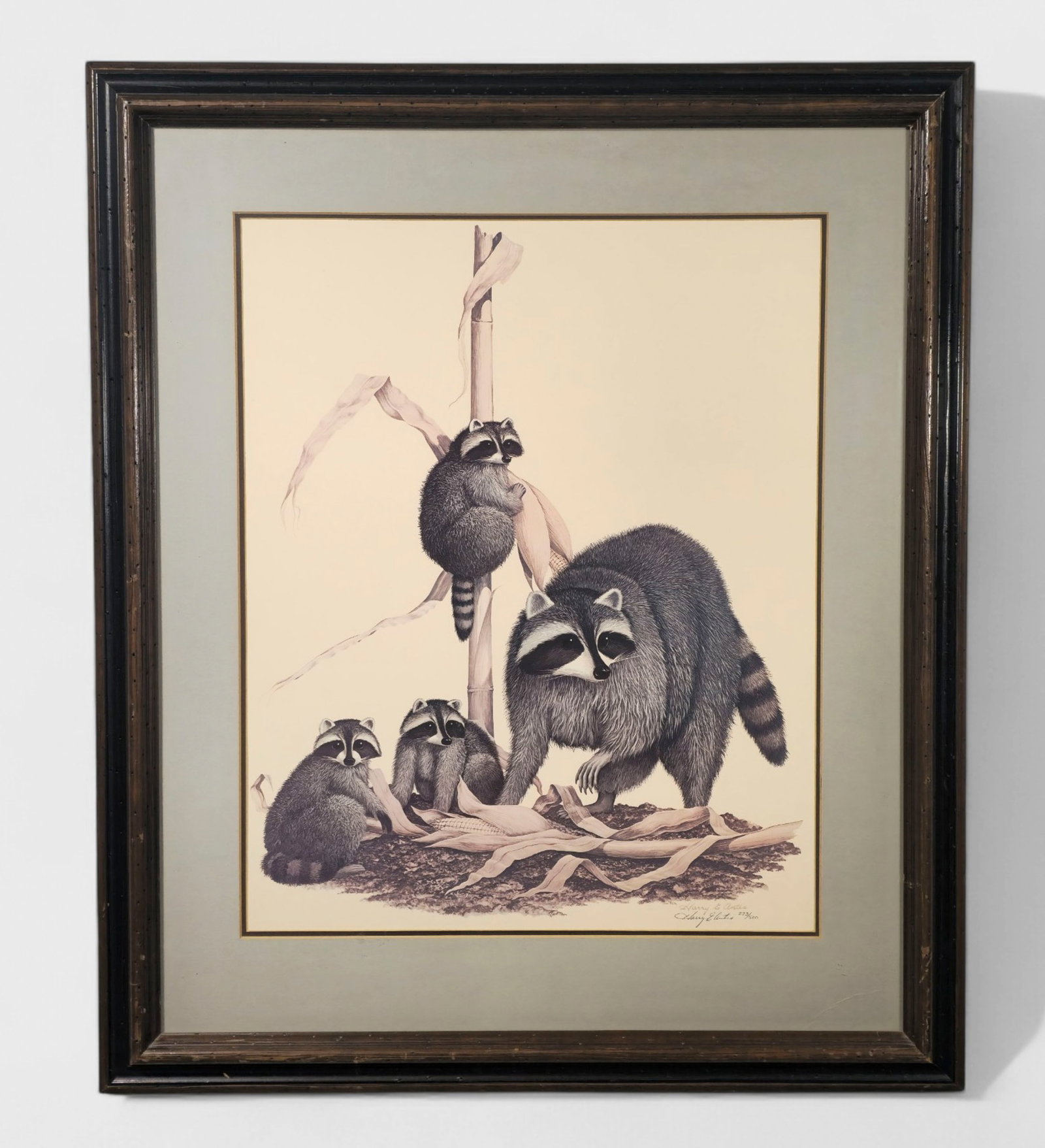 Harry Antis "Racoons Corn" Lithograph: Lithograph on paper "Racoons Corn" by Harry Antis (1942-2002) (USA). Hand signed and numbered 273/500 lower right. Sight- 22 1/2 x 18 Frame- 32 3/4 x 27 1/2