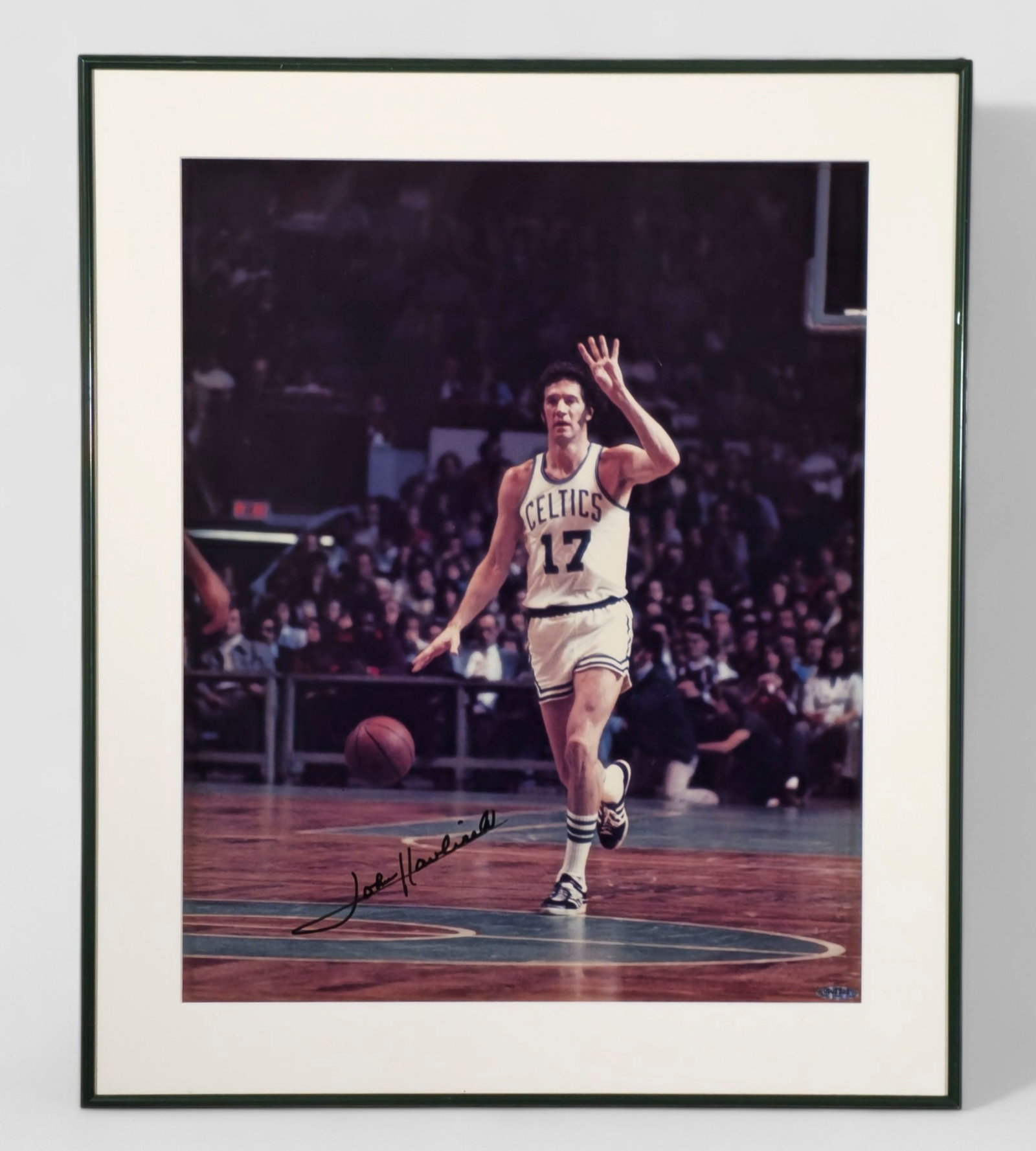 John Havlicek Signed Photograph: Autographed print of John Havlicek of the Boston Celtics. Sight- 19 1/2 x 15 3/4 Frame - 24 x 20 1/2