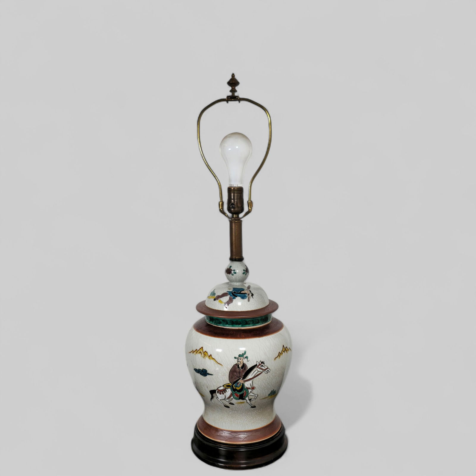 Frederick Cooper Asian Motif Stone Square Lamp: Frederick Cooper Asian Motif Stone square Lamp. Late 1970s. Temple Jar form. Mahogany base and metal shaft. 8 1/2 d x 30 1/2 h.