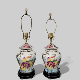 Chinese Porcelain Tobacco Leaf and Floral Motif Table Lamps