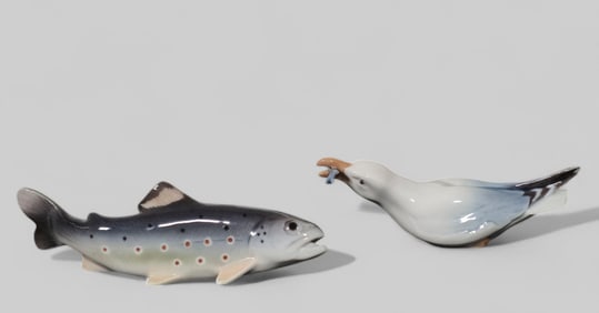 Royal Copenhagen #449 Trout and #R8 Seagull with Fish