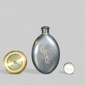 Assembled Military / Gentleman Flask, Travelling Alarm Clock and Compass