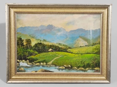 Oil, country House on River, Illegible