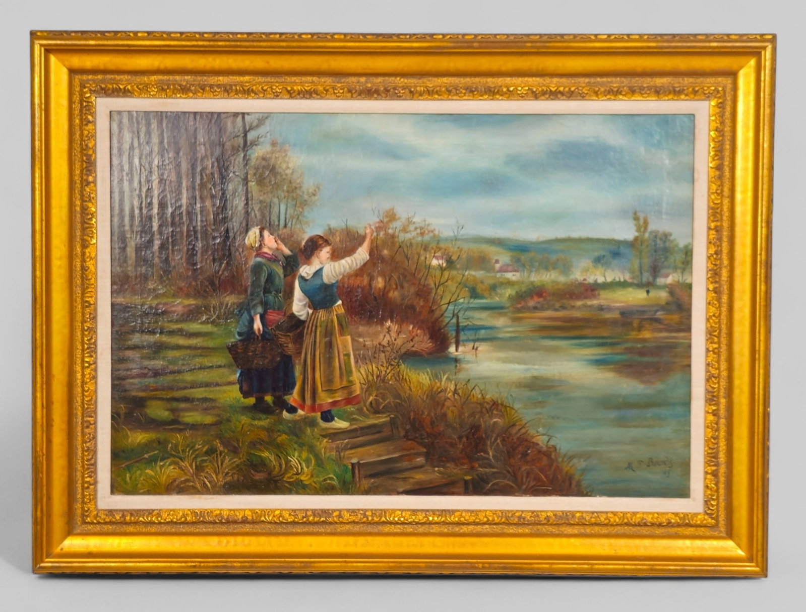M.F. Bounts (19th Century) Oil, Ladies Waving to Fire: M.F. Bounts (19th Century) Oil, Ladies Waving to Fire. Oil on canvas, untitled, after a painting by Daniel Ridgendly Knight signed and dated 1899 lower left. Housed in gilt frame. Sight - 19 1/2 x 29 