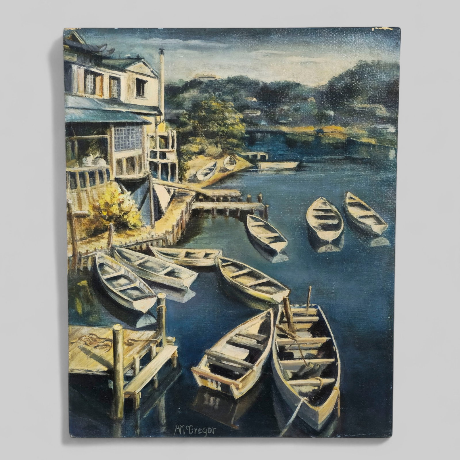 Alasdair McGregor (Born 1954) Oil Boat Docks: Alasdair McGregor (Born 1954) Oil Boat Docks. Oil on canvas, untitled. Boat docks. Signed lower margin. Sight - 20 x 16.