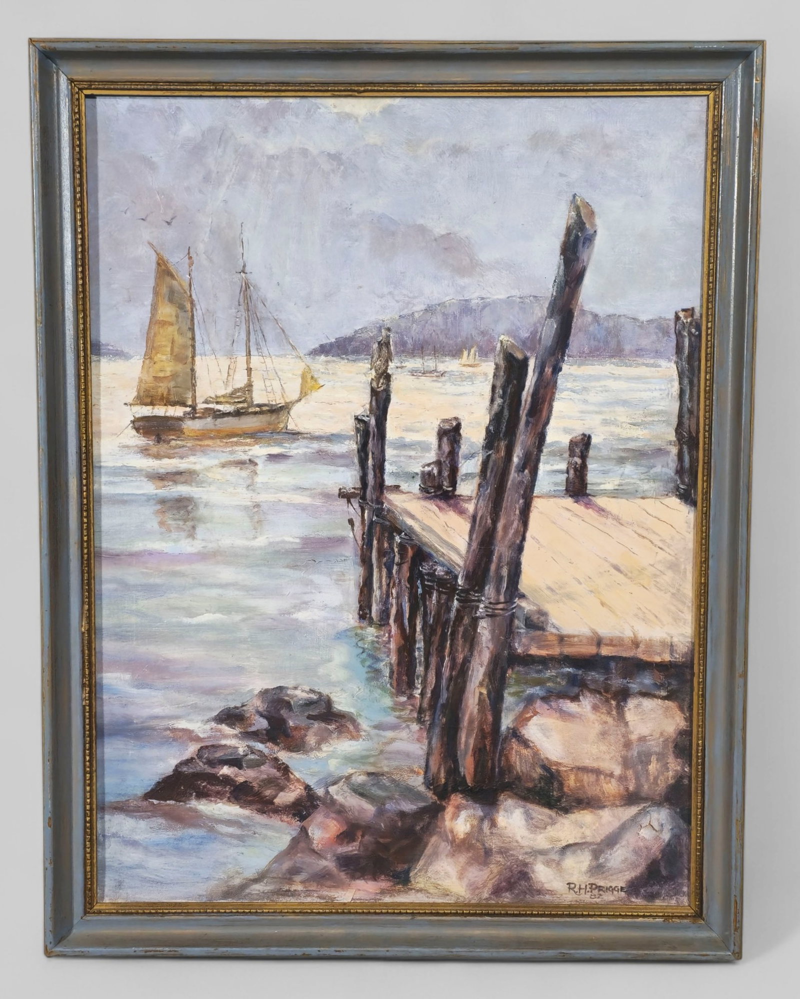 After Clayton Martindale by R.H. Prigge: After Clayton Martindale by R.H. Prigge. Oil on canvas, untitled. Sail shop dock scene. Signed and dated 1982 lower right. Sight - 23 3/4 x 17 1/2, Frame - 27 x 21.