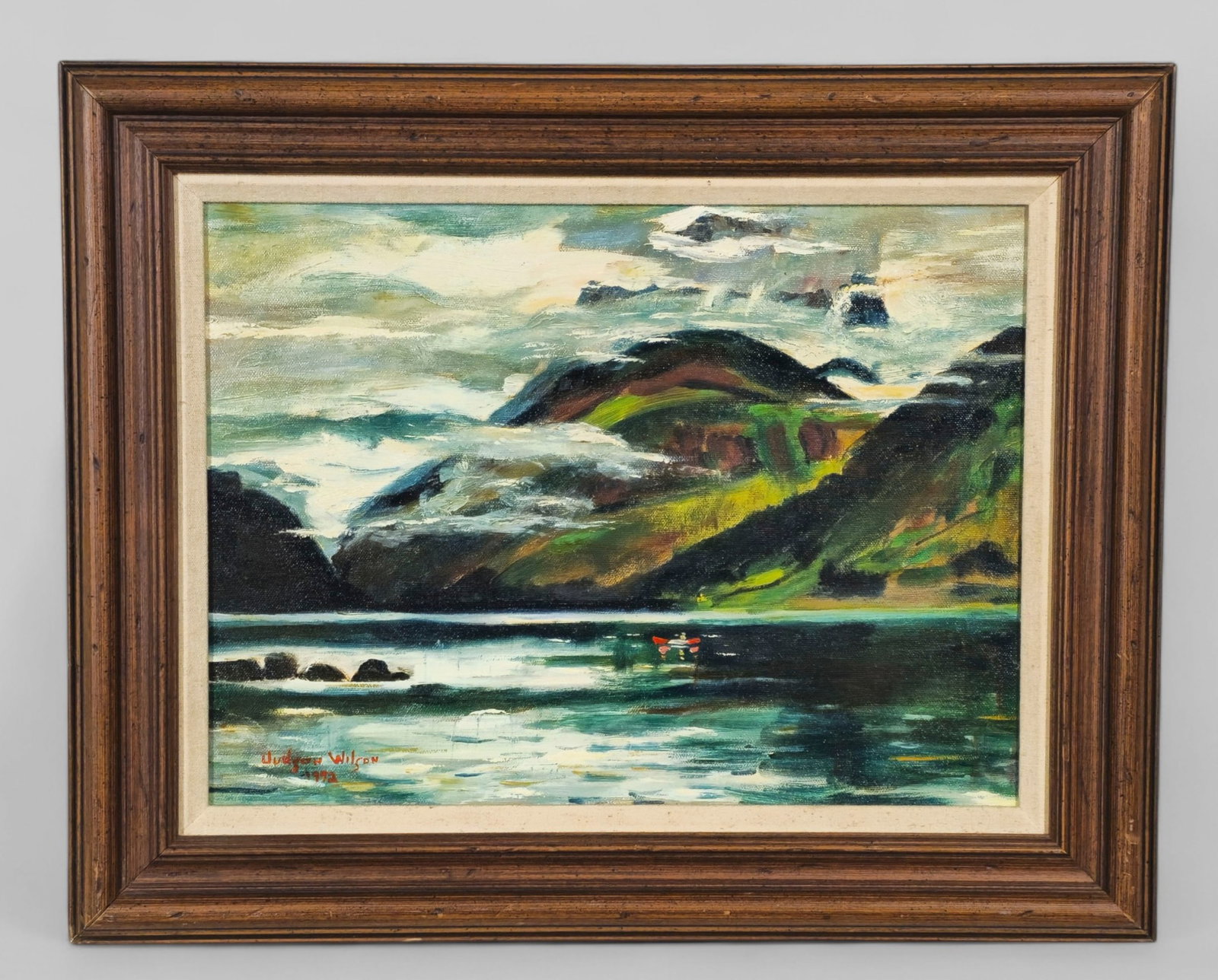 Judson Wilson (20th Century, Cincinnati) Oil Figure in Boat: Judson Wilson (20th Century, Cincinnati) Oil Figure in Boat. Oil on canvas, untitled. Figure in boat on ruler. Mountains in background. Signed and dated 1992 lower left. Sight 11 1/2 x 15 1/2, Frame -