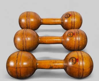 Rare Narragansett Machine Co. Turned Wood Dumbbells