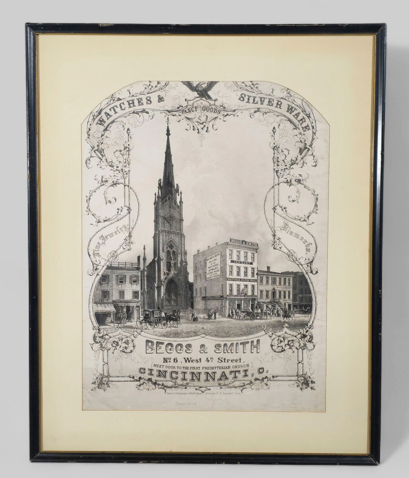Beggs & Smith Jeweler and Silversmith Ad, 1855: Beggs & Smith Jeweler and Silversmith Ad, 1855. Engraving of the first Presbyterian church and surrounding buildings on west 4th St. Sight- 23 x 17 Frame- 30 1/4 x 24 1/4