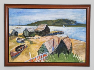 Reginald Leslie Grooms Oil, Coastal Scene with boat dock