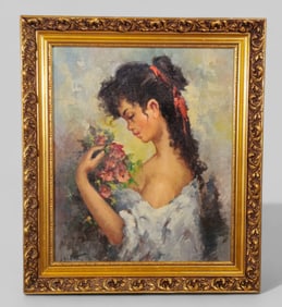 E. Bianchin,Oil, Portrait of lady with Flowers