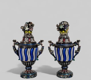 Karl Rossler Viennese Silver, Lapis and Champleve Enamel Urns
