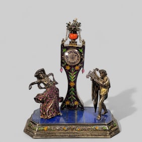 Viennese Silver, Jeweled, Champleve Enamel Clock