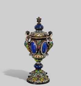 Karl Rossler Viennese Silver, Lapis and Champleve Enamel Urn