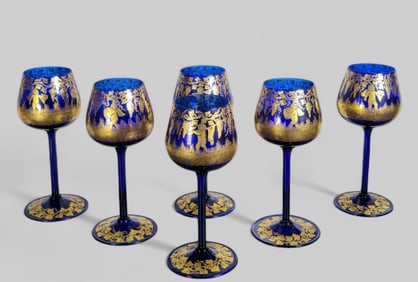 Bohemian Cobalt Blue and Gilt Wine Glasses