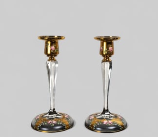 Moser Crystal and enamel and Gilt Candlesticks