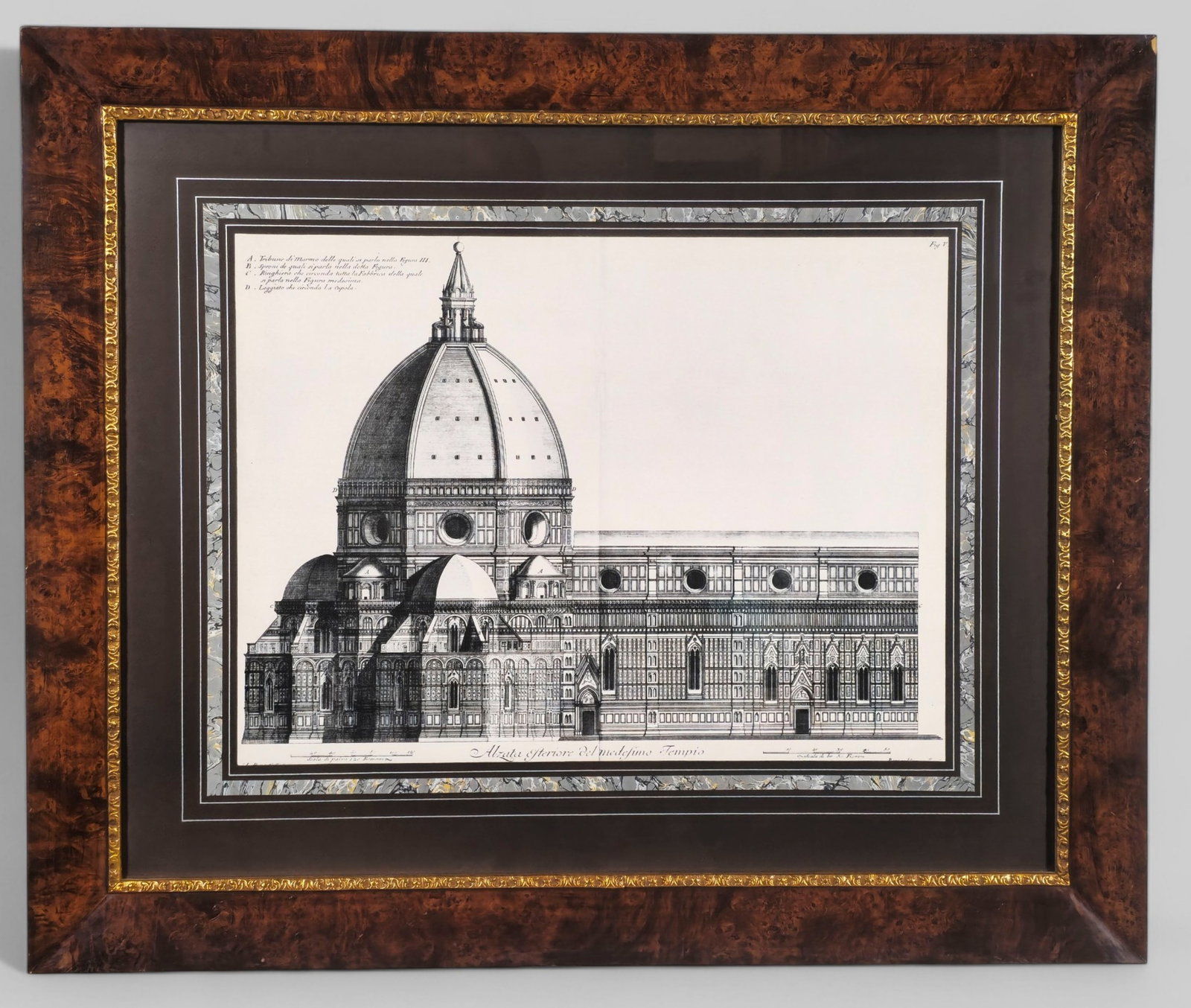 Cathedral of Santa Maria del Fiore: Inscription upper left and lower margin. Housed in exotic grain wood frame with gilt trim. Image size - 21 1/2 x 28 1/2. Frame - 34 x 41.