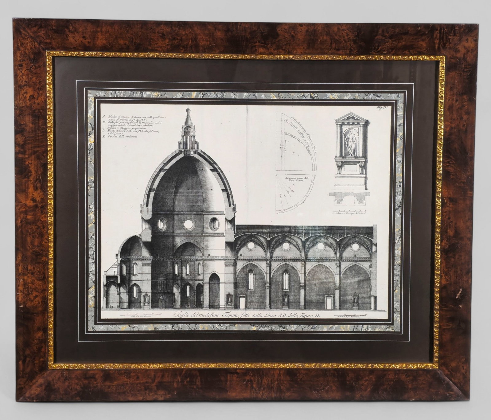 Architectural Print of Interior of The Cathedral of Santa Maria del Fiore: Architectural Print of Interior of The Cathedral of Santa Maria del Fiore. Inscription in upper corners and lower margin. Housed in exotic grain wood frame with gilt trim. Image size - 21 1/2 x 28 1/2