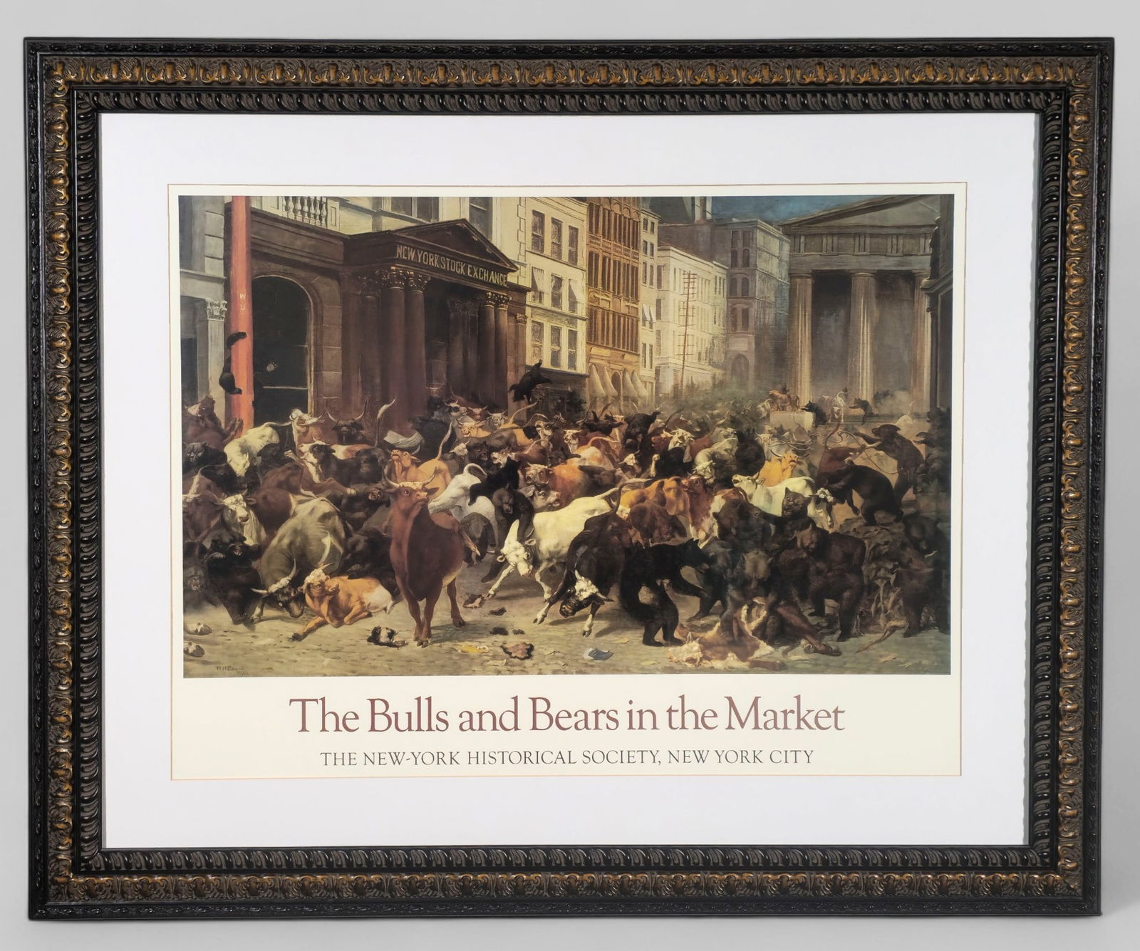 The Bull and Bears in The Market print by William Holbrook Beard: The Bull and Bears in The Market print by William Holbrook Beard. A fun print placing animals to represent investors. Inspired by the market crash of 1873. Professionally framed and matted. Image size