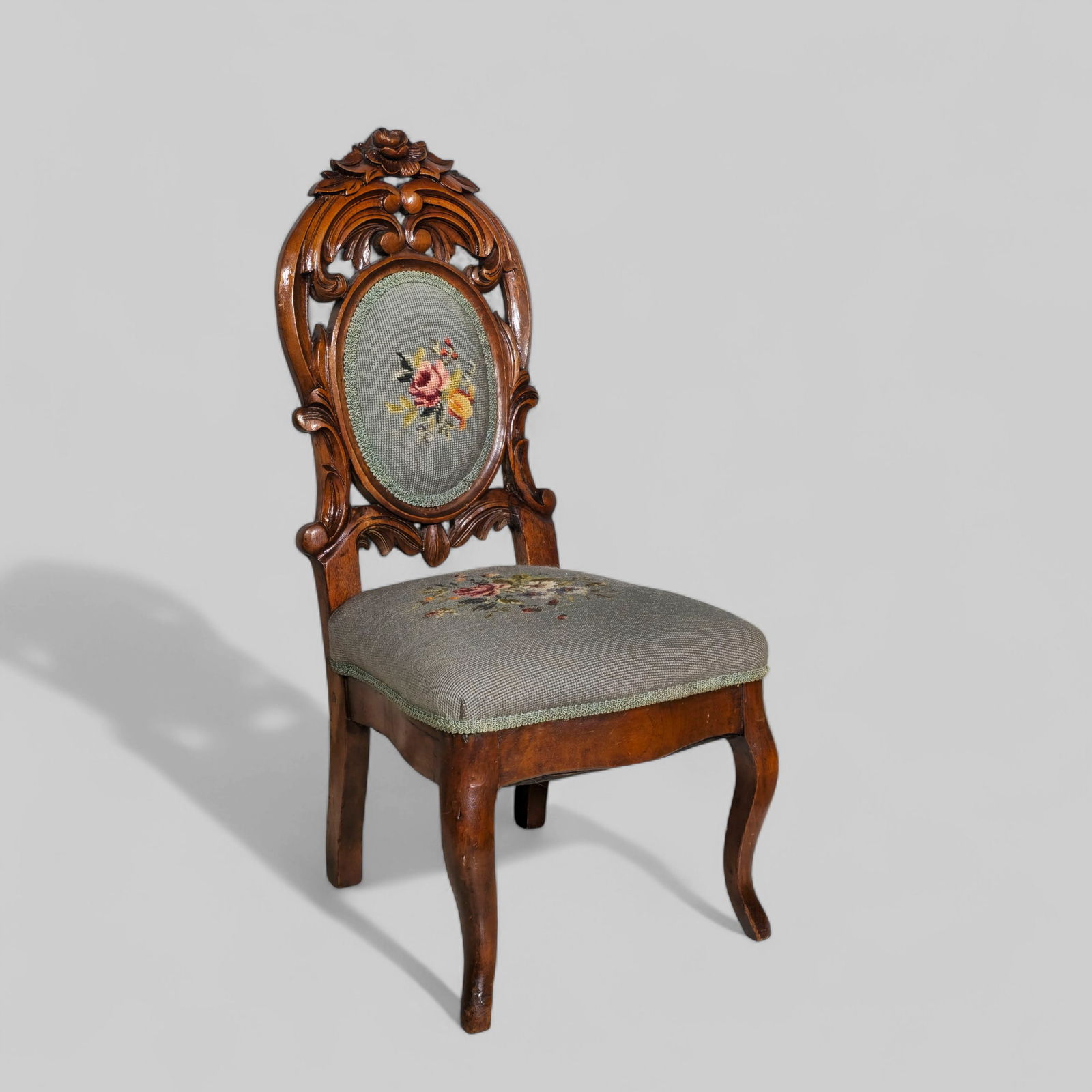 American renaissance Carved Walnut Needlepoint Victorian Child's Chair (1 of 10)