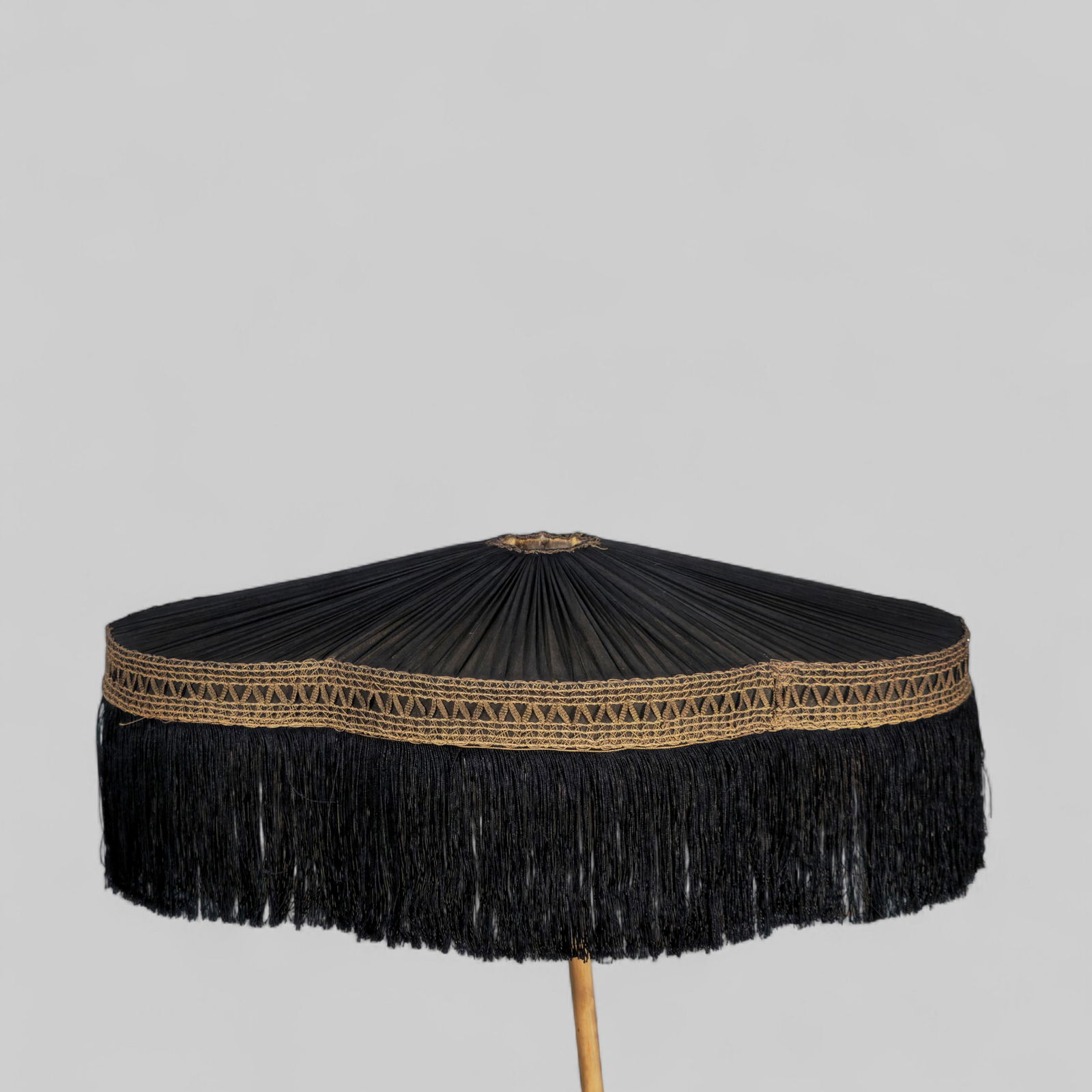 Outstanding 1920s Silk & Iron Lamp Shade: Outstanding 1920s Silk & Iron Lamp Shade. Oblong shape with gold silk embroider borders. Black silk fringe. 26w x 18d x 11 3/4h.
