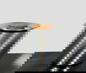 Italian Ice Bucket: Mid century modern stainless steel and teak ice bucket by. Circa 1960's bruised stainless steel with flared rim and circular teak lid. Marked TW Made in Italy to underside. 8 3/4dia x 7 3/4h